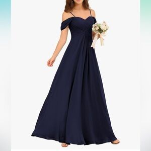 Navy Off-Shoulder Corset-Back Evening Gown / Bridesmaid Dress